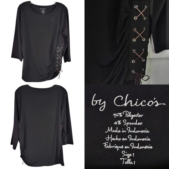 Chicos Tunic Size 1 US 8 Lace Up Side Top Black Stretch Knit 3/4 Sleeve - Picture 8 of 8